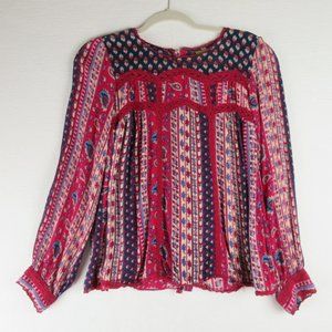 Maeve for Anthropologie Gretchen Blouse Size 2 Red Patchwork Floral LS Peasant